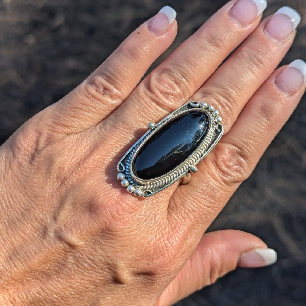 Handmade Navajo Jet Black Ring Large Oval Shape Sterling Silver Jewelry Sz 10 ** - Picture 8 of 10